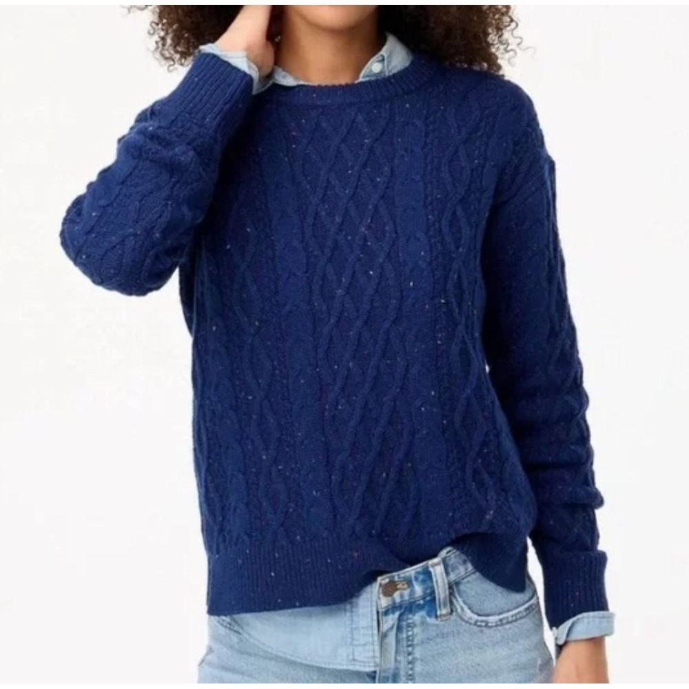 J CREW Donegel Cable Knit Crewneck Sweater‎ Cotton Speckled Blue Womens Sz XXS
